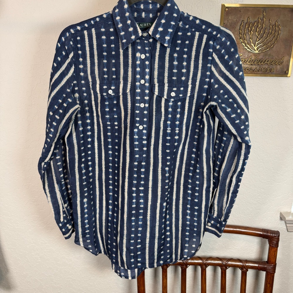 Lauren Ralph Lauren Blue White Shibori Stripe Cotton Silk Button Up Shirt XS